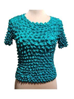 Vintage FC One Size Green Popcorn Shirt Blouse Crinkle Stretch Textured Top Y2K
